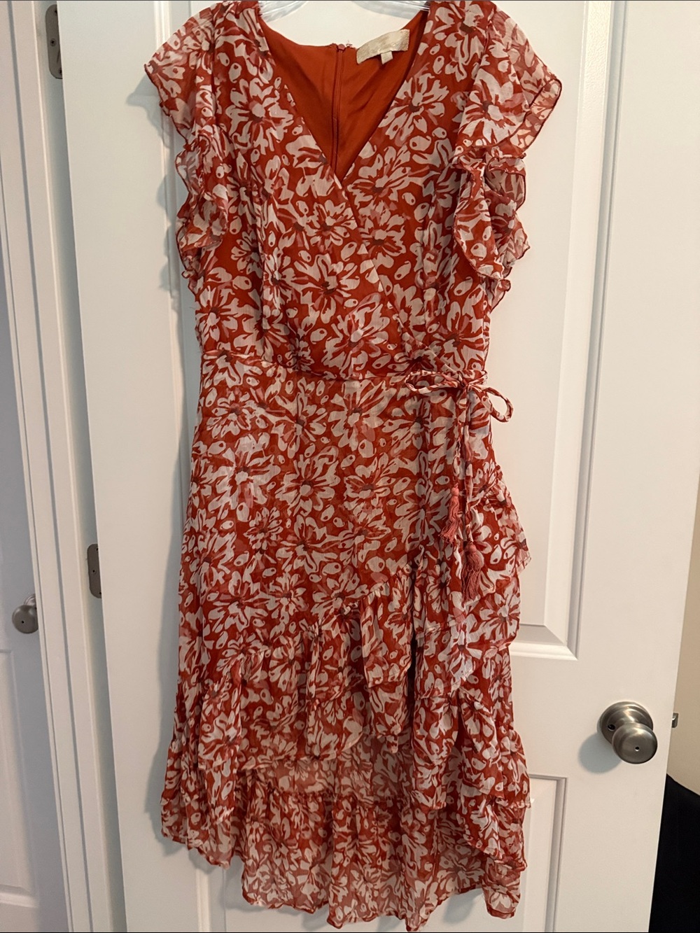 Rust Floral Wrap Midi Dress with Tie Waist